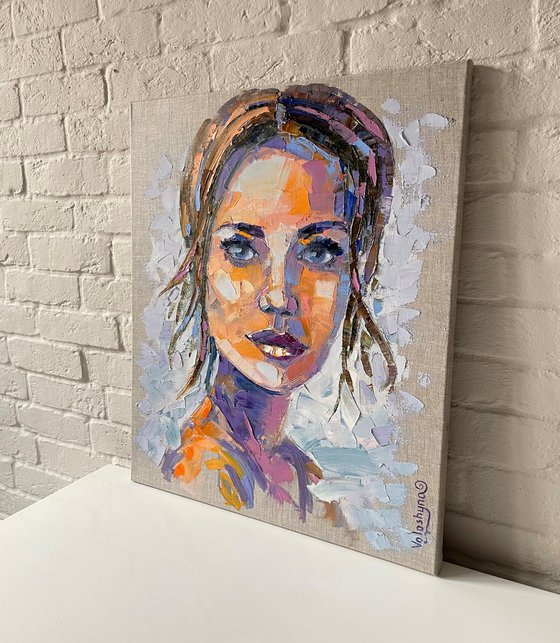 "Look at me". Portrait of a woman. Girl. Oil painting.