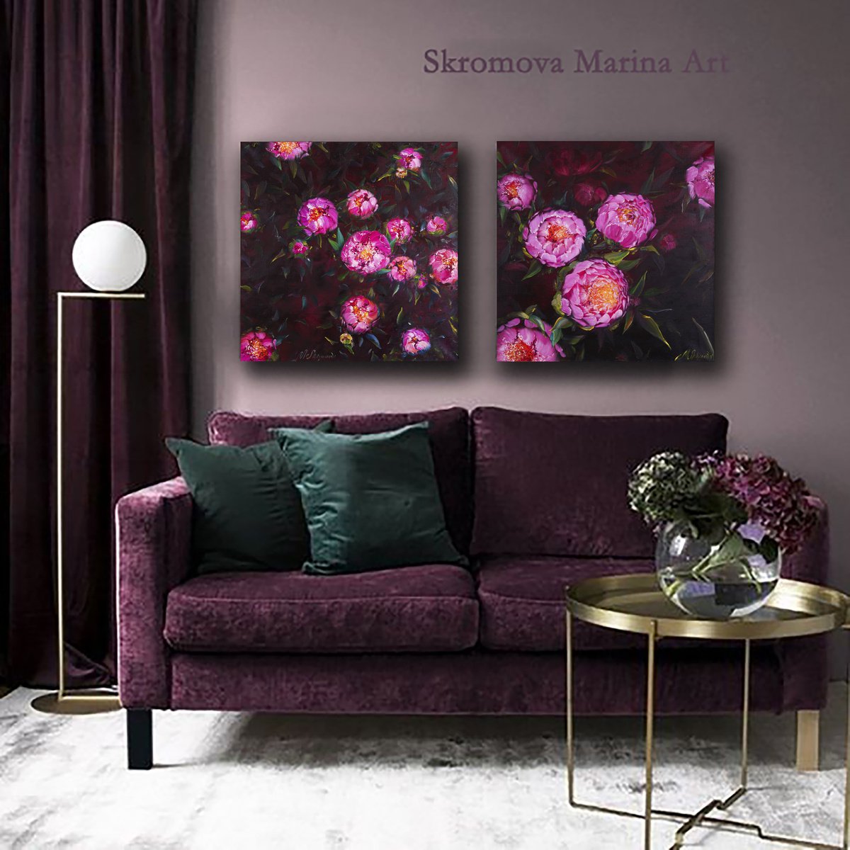 ROMANTIC TWILIGHT - Set. Oil diptych of Pink peonies on a dark background. Two paintings w... by Marina Skromova