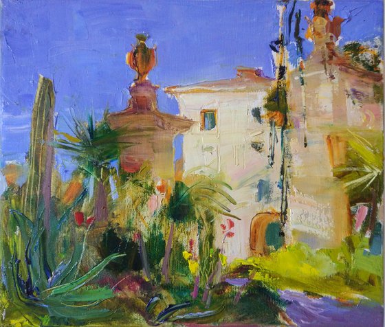 Sunny day in botanical garden. Rome . Italy . Original plein air oil painting .