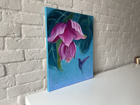 Flower and hummingbird. Oil painting, original art