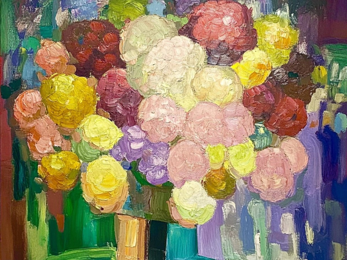 Impressionistic Botanical Print By Elena Avanesova, 31 X 24, Flowers In A Vase, Original Artwork