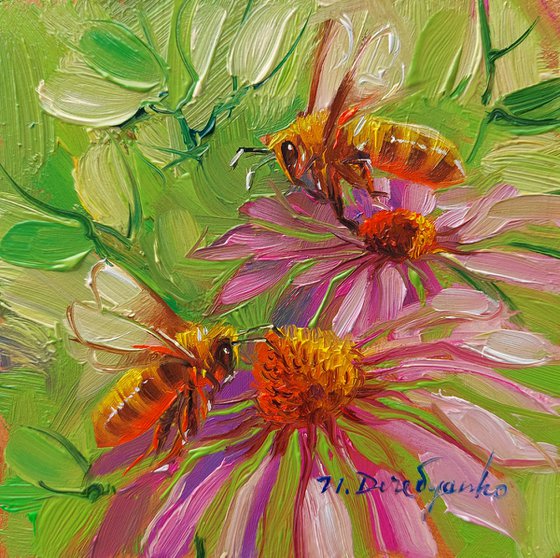 Couple gifts Bee artwork oil painting original in frame, Purple echinacea flowers with two bees small framed art painting of animals