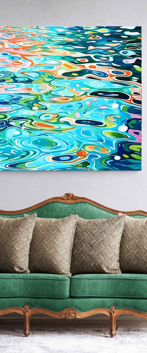 Turquoise deep blue green sea ocean, cool color waves with bright sun glares. Impressionistic artwork. Large wall art home decor. Art Gift by BAST