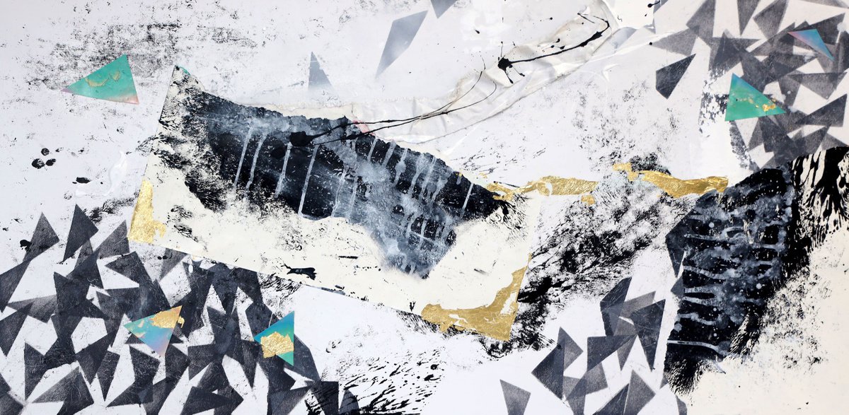 Geometric Abstract Painting By Poovi Art, 48 X 24", Black 01, Original Artwork