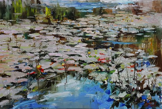 Landscape Pond - Lilies, River lily, painting original