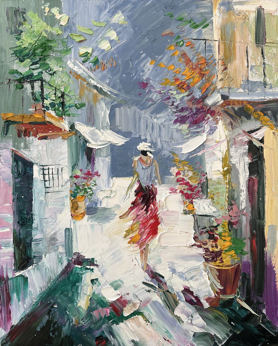 Impressionistic Cityscapes Oil Painting By Vahe Bagumyan, 16 X 20", Alleyway Ablaze, Original Artwork