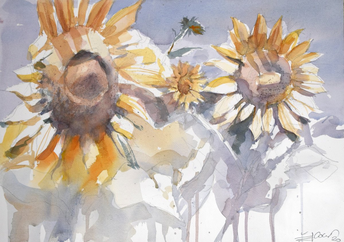 Cityscapes Watercolour By Goran Zigolic Watercolors, 22 X 15, Sunflowers In The Field, Original Artwork