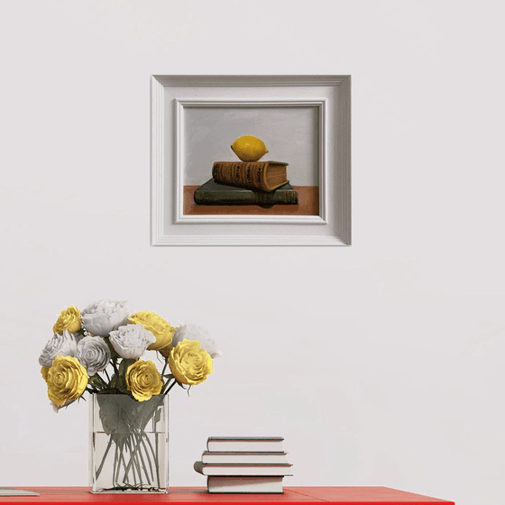 Lemon & Books Still Life; Framed & ready to hang home decor gift oil painting.