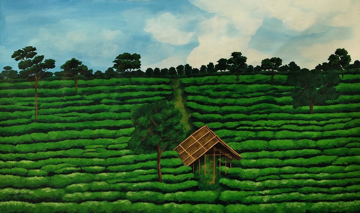 Photorealistic Landscape Acrylic Painting By Sreya Gupta, 60 X 36", Tea Gardens Of Assam Ii, Original Artwork