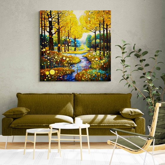 Warm green gold forest and calm river with light reflections and bright sunbeams in Klimt style. Hanging large positive relax colorful wall art for home decor