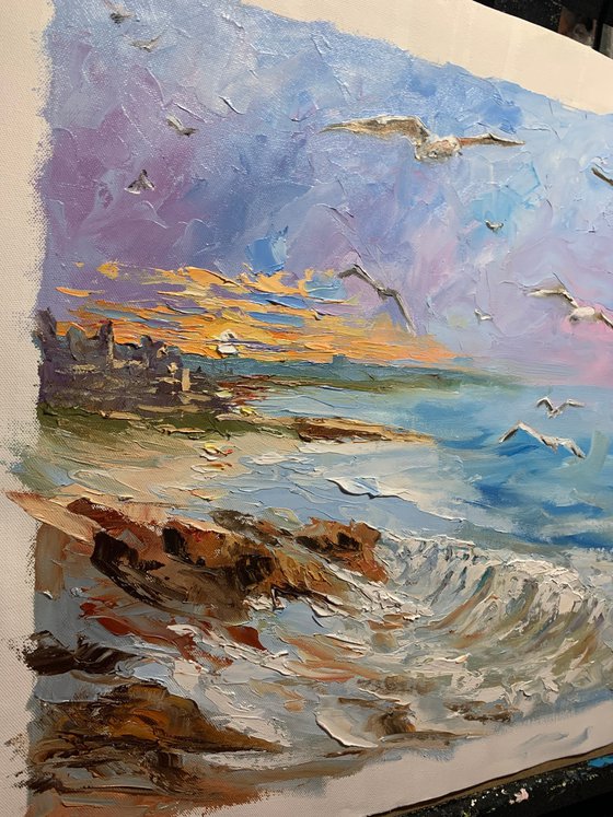 Seagulls over the tide.