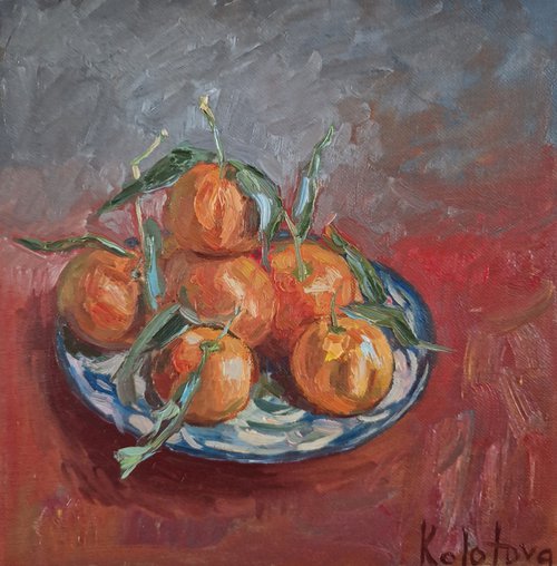 Still life with fruits "Tangerines on red" by Olena Kolotova