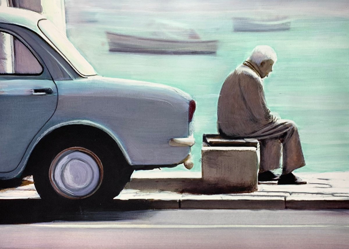 Landscape Acrylic Painting By Sinisa Alujevic, 17 X 12", The Oldtimer, Original Artwork