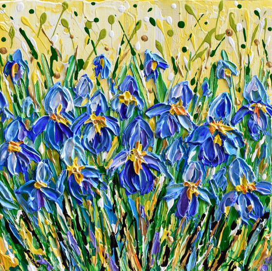 Irises - Deep impasto original floral painting, palette knife blue flowers art