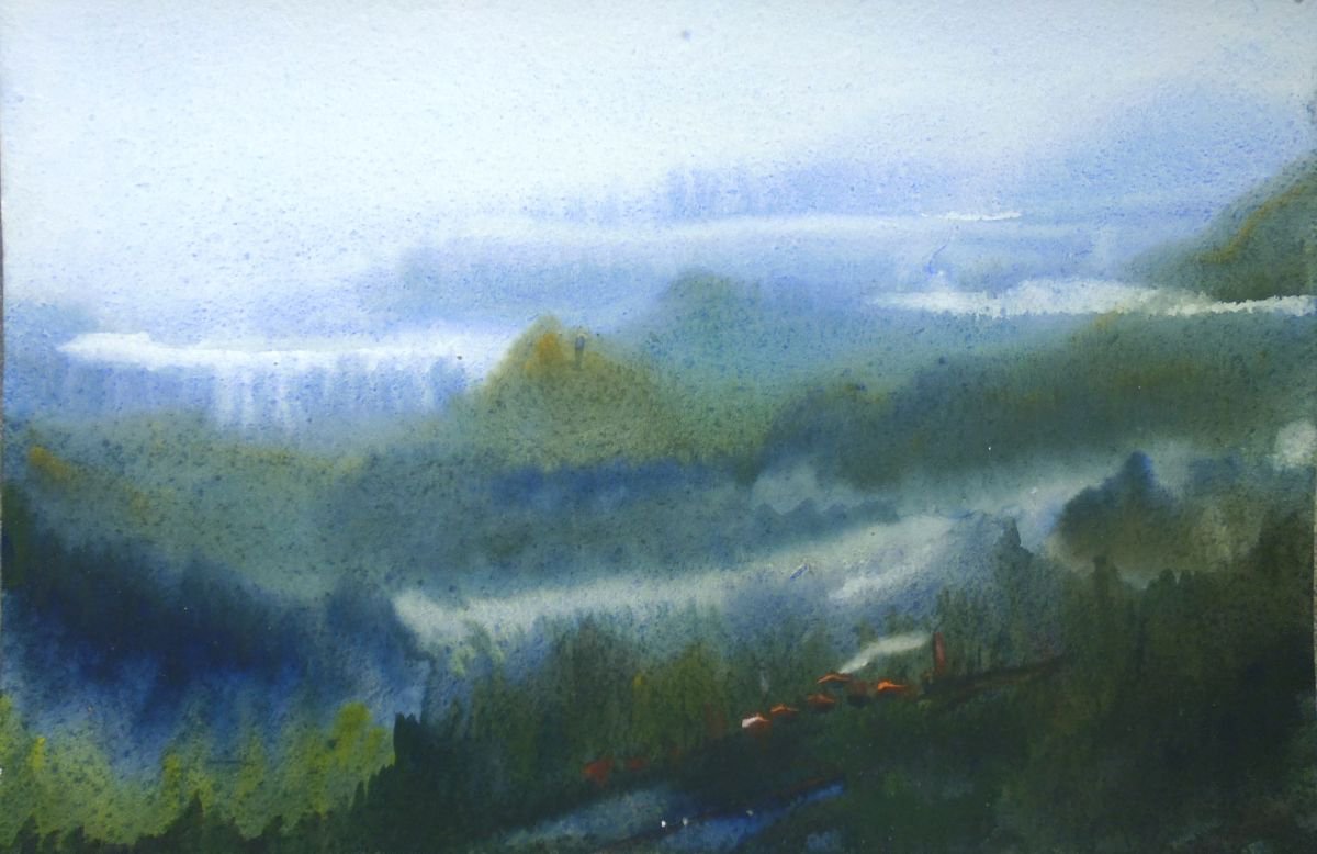 Morning Mysterious Himalaya - Watercolor Paintng by Samiran Sarkar