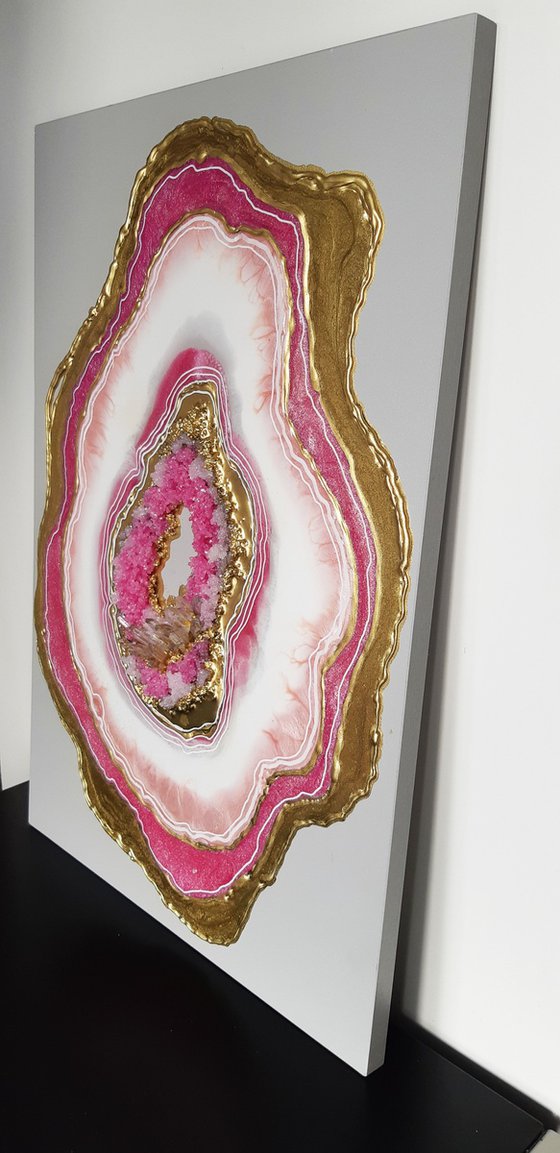 57x39cm. /Agate pink geode. Marble Art. Geode wall art, Gold, Pearl,Pink,  geode wall art Resin painting