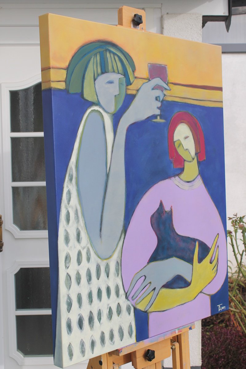 Expressive Portrait Acrylic Painting By Tatjana Auschew, 31 X 39", Evening With A Friend., Original Artwork