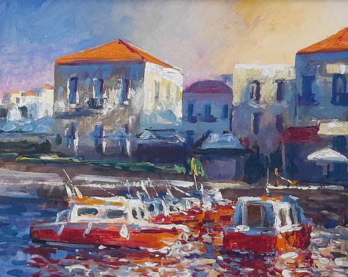 Red boats and roofs by Dimitris Voyiazoglou