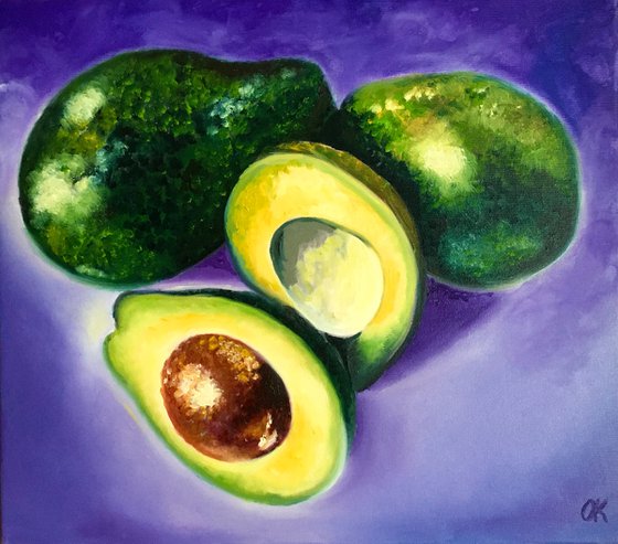 Avocado . Purple, green, photorealistic still life.