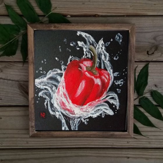 Pepper, red, splashes, food, still life original gift idea, oil painting