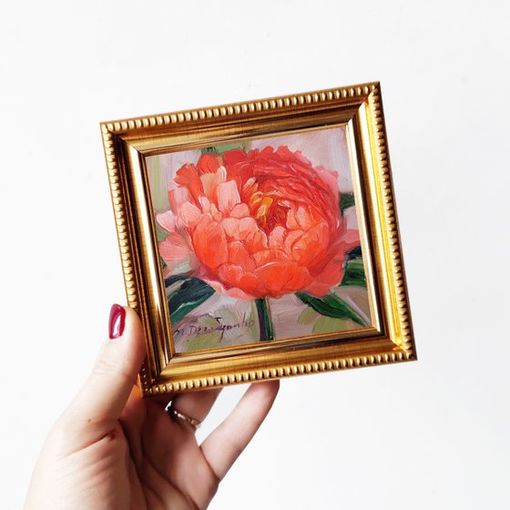 Unique peony wall art, Small oil painting pink flowers original in frame, Peonies art gift for bestfriend