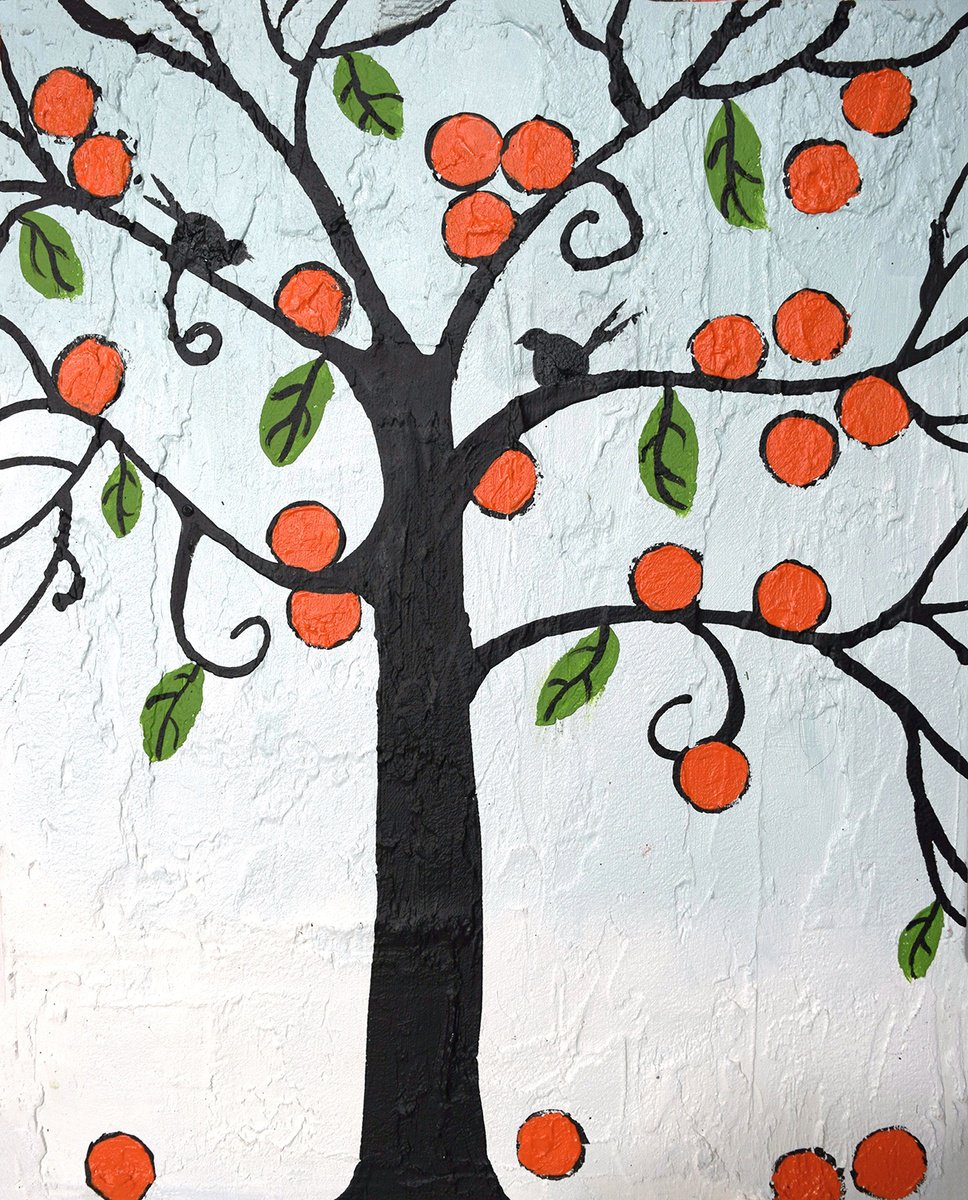Surrealistic Abstract Painting By Stuart Wright, 16 X 20", The Orange Grove Bird Tree, Original Artwork