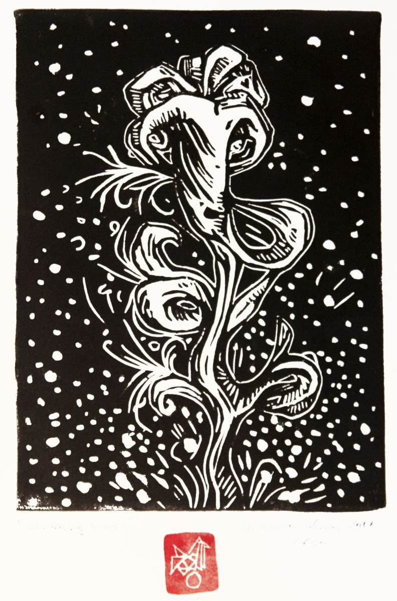 LINOCUT PRINT- artistic print-illustration Blomming snow by MARISA LIUZZI