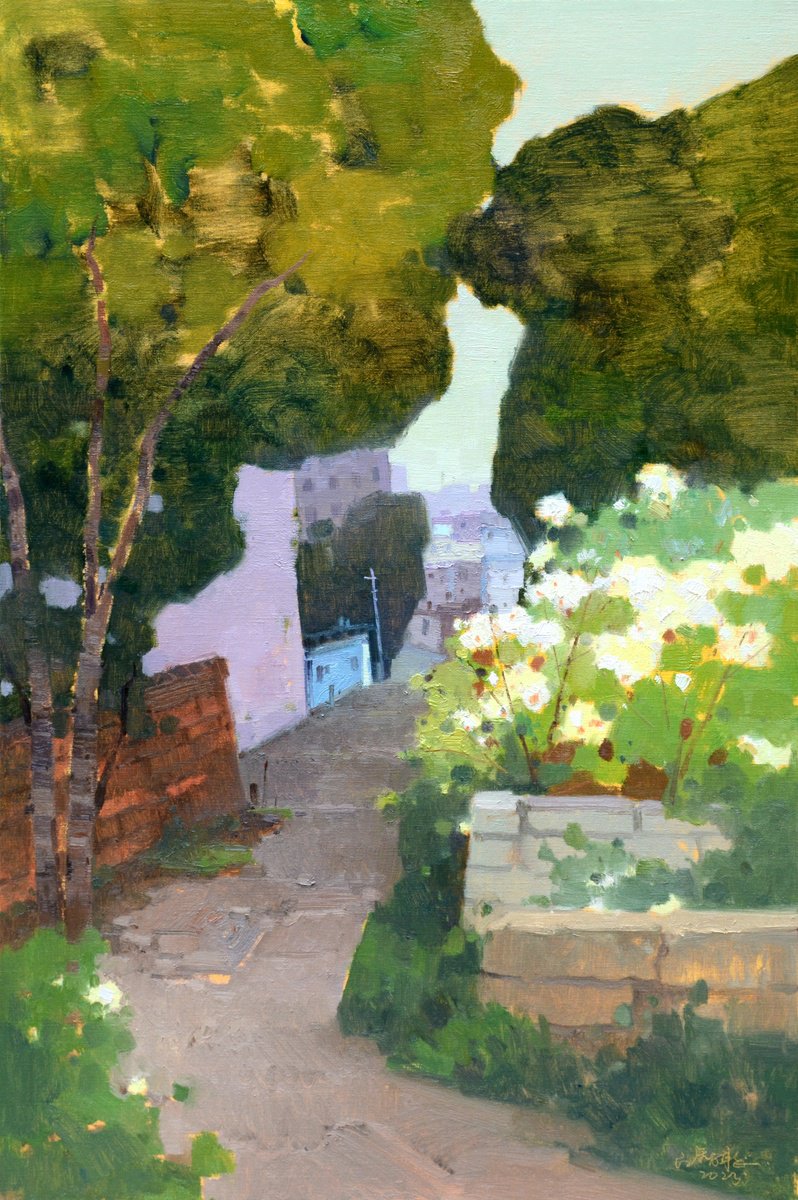 Impressionistic Landscape Oil Painting By Jianzhe Chon, 24 X 35, Landscape Oil Painting:big Trees In Front The Village 120, Artfinder