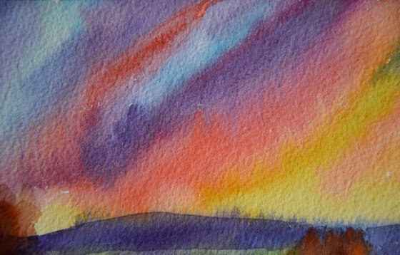 Sunset autumn mountains and fields Small watercolor painting