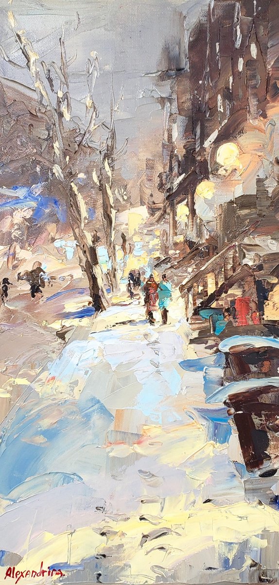 Impressionistic Landscape Oil Painting By Irina Alexandrina, 10 X 20, New York. Evening In Winter., Original Artwork