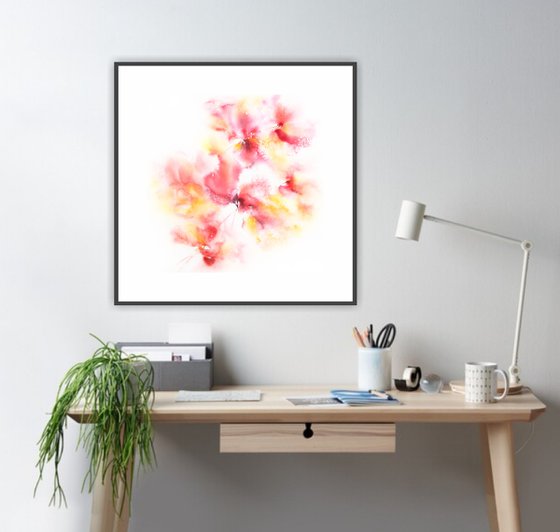 Red and yellow abstract flowers, watercolor floral wall art "Spring color"