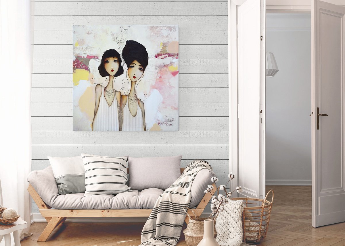 Surrealistic Portrait Acrylic Painting By Armandine Js, 39 X 39, Quelque Part, Original Artwork