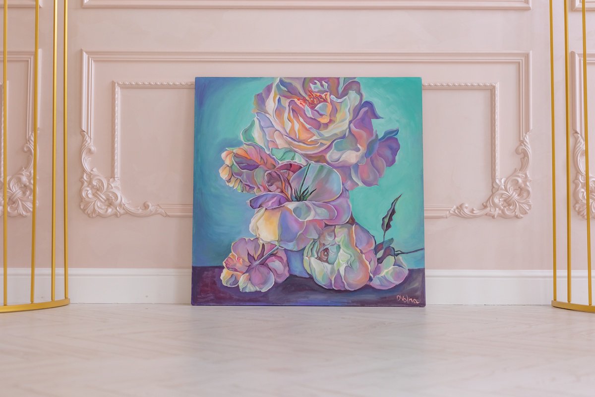 Impressionistic Botanical Oil Painting By Olga Volna, 31 X 31", Pink Flowers On Turquoise, Original Artwork