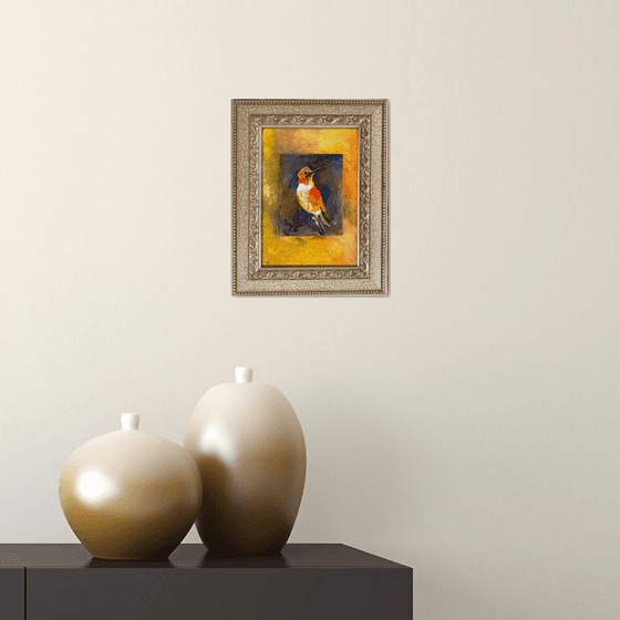 Rufous hummingbird oil painting on gessoed masonite mounted on gessoed panelboard  beige and gold frame 5x7