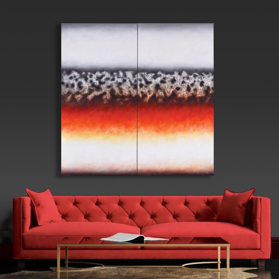 120×120 Diptych White/Black/Red/Silver Large Abstract Wall Decor Oil Painting