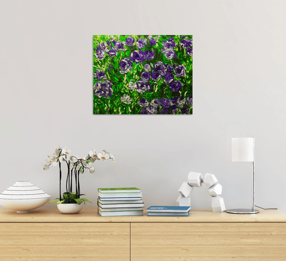 FIELD OF PURPLE PINK WHITE  ROSES  palette knife modern decor MEADOW OF FlOWERS, LANDSCAPE,  office home decor gift