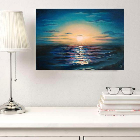 Southern sunset, Seascape Painting Ocean Original Art Night Sky Artwork Sunset Wall Art 45x35 cm ready to hang.
