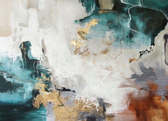 "Teal Flash" Teal gold acrylic abstract art