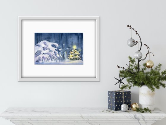 Christmas tree with garlands in the winter forest. Watercolor artwork.