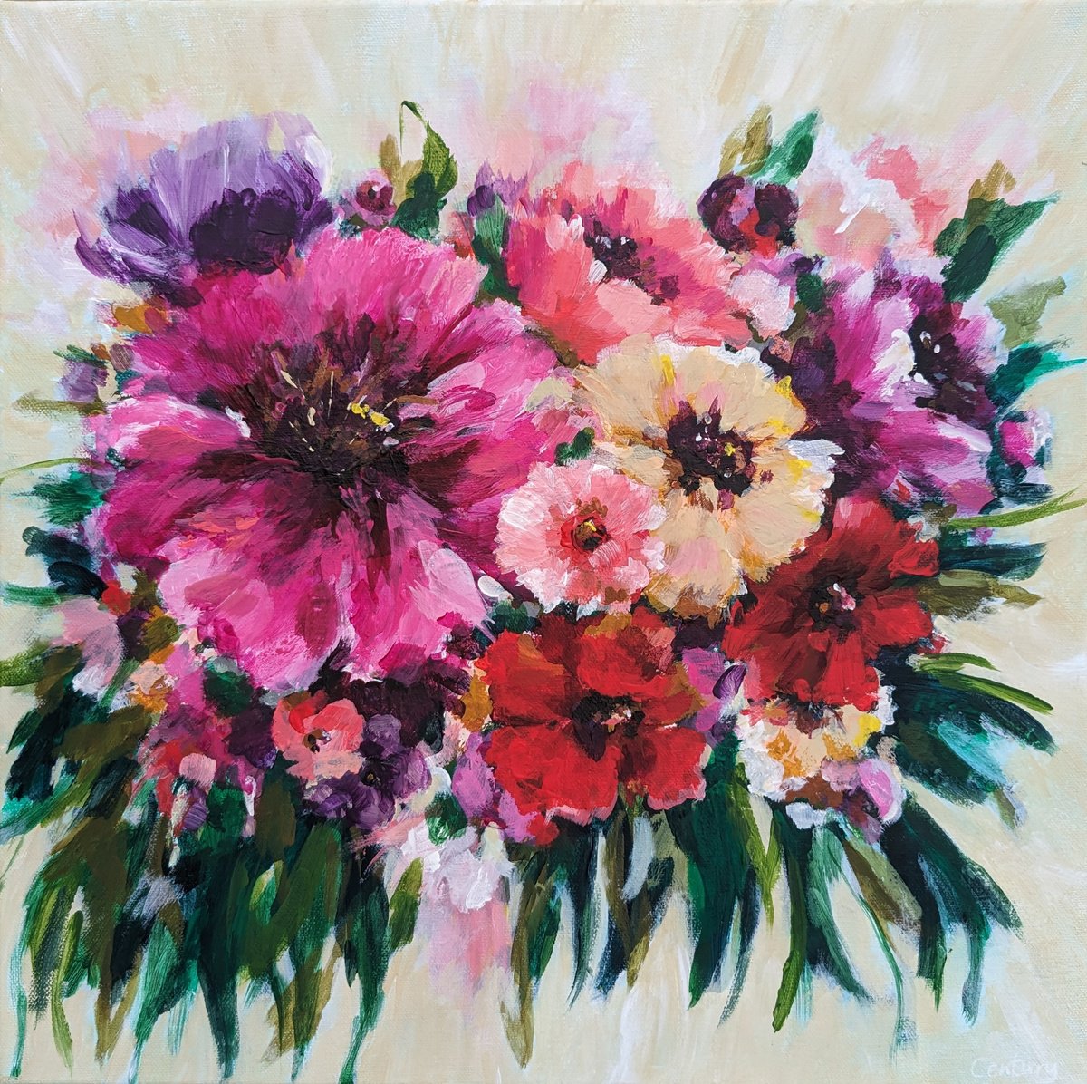 Abstract Botanical Acrylic Painting By Judy Century, 16 X 16", Bursting Bloom Ii, Original Artwork