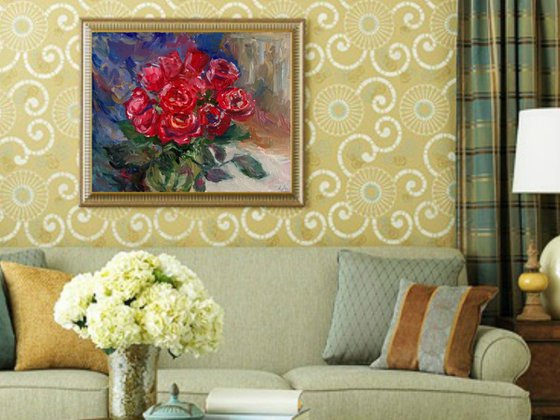 Red Roses. Impressionist flowers. Home/ Office decor idea. Gift art.