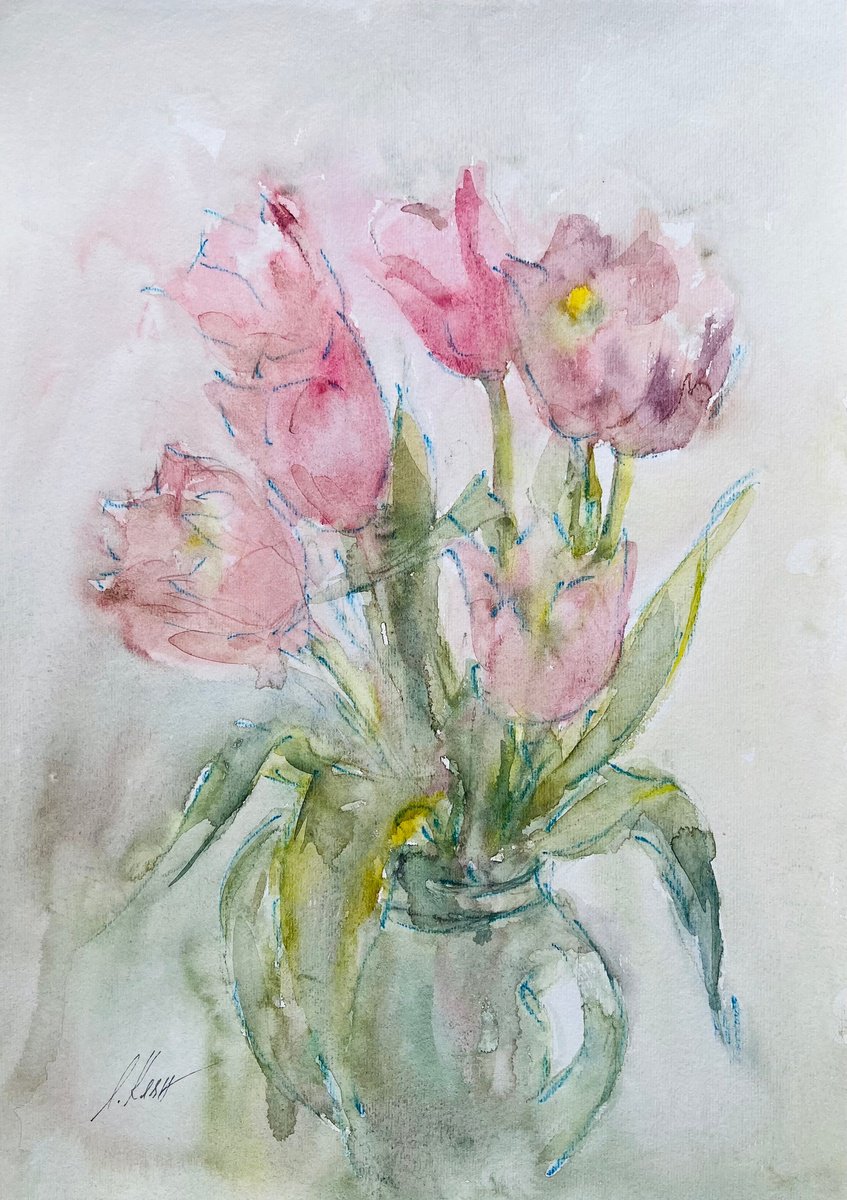 Impressionistic Still Life Watercolour By Elena Klyan, 12 X 16, Tulips 10 2023, Original Artwork