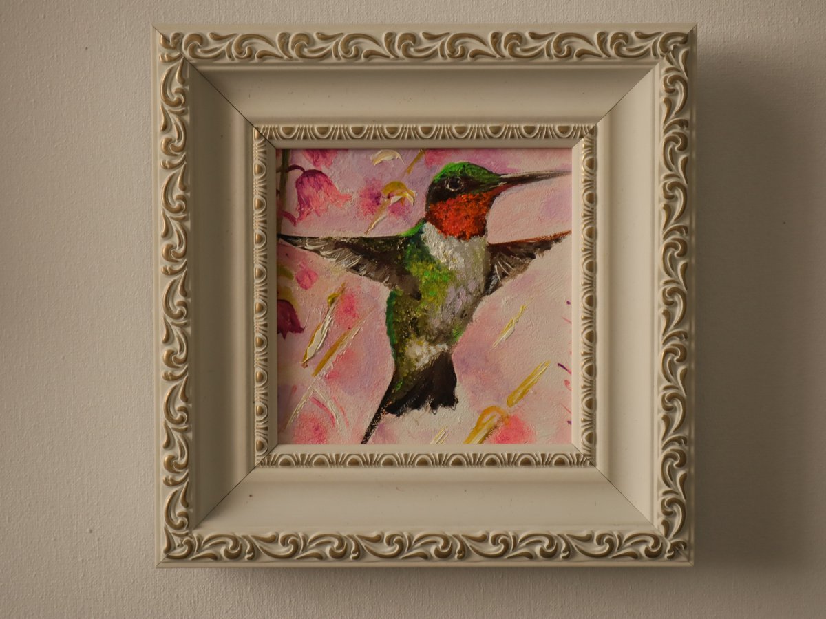 Hummingbird ART Oil PAINTING ORIGINAL framed 4x4, American Birds Wall Art, Backyard Birds by Natalia Shaykina