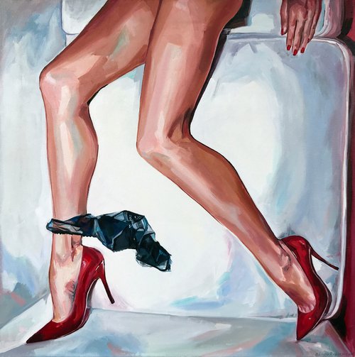 NUDECOMER - original oil painting, naked, nude, legs, woman red heels underwear, wall art, gift by Sasha Robinson
