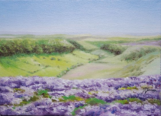 Miniature Hole of Horcum with Heather #5 Oil on Board 5x7 framed