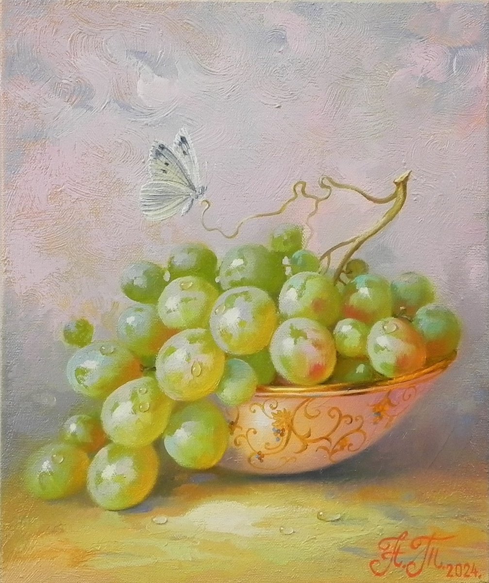 Impressionistic Still Life Oil Painting By Tetiana Novikova, 10 X 12", "Grapes", Original Artwork