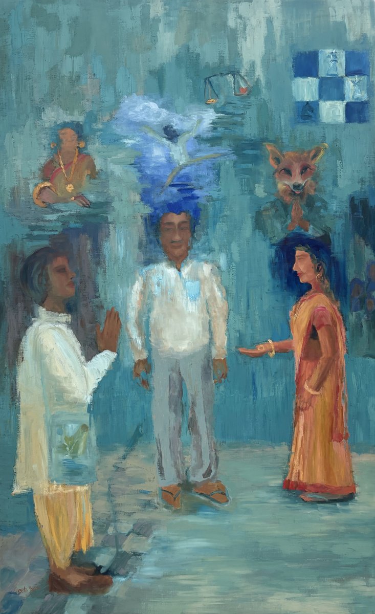 Surrealistic Portrait Oil Painting By Geeta Yerra, 35 X 56, Along Came A Fox, Original Artwork