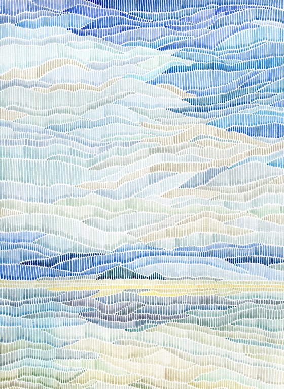 Abstract watercolor seascape with big clouds