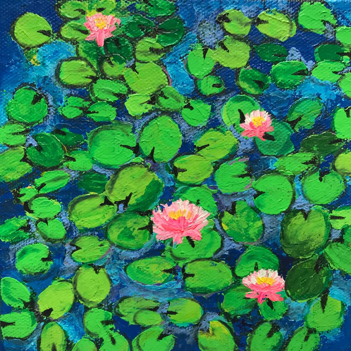 Pink Water lilies -1 !! Blue textured Art !! Miniature !! Office Decor!! Small Painting! by Amita Dand