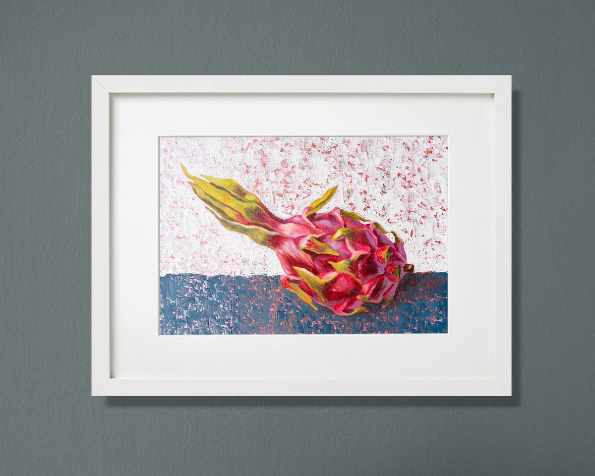 Tropical still life Dragon fuit on volume background. Unframed by Mariia Meltsaeva